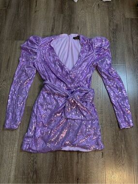 Lilac Sequin Wrap Dress with Waist Tie